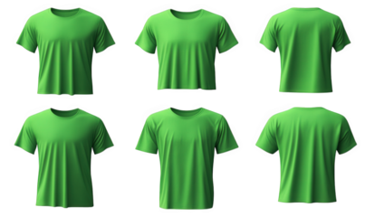 six different views of a plain green t-shirt. isolated on a transparent background the t-shirt is a basic crew neck style with short sleeves it is a blank template for design. branding. or mockups