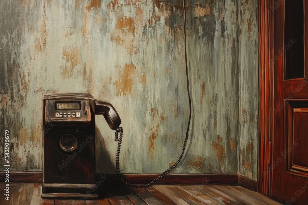 Poster an old-fashioned phone sitting on a table or shelf in a room