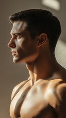 Naklejka premium Athletic male figure in profile against neutral backdrop - ideal for fitness, health, and lifestyle concepts