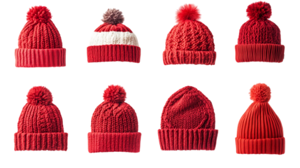 set of red and white hats for winter on transparent background.