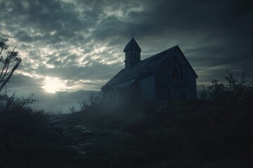 A church stands alone in a field under the stars, great for a peaceful evening scene