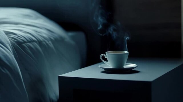 A cup of hot steaming coffee on a bedside table, bluish-gray light