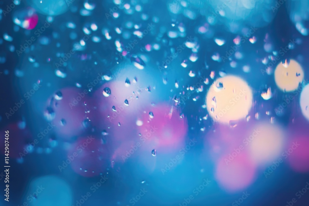 Poster blurry image of raindrops on a window with water droplets and reflections