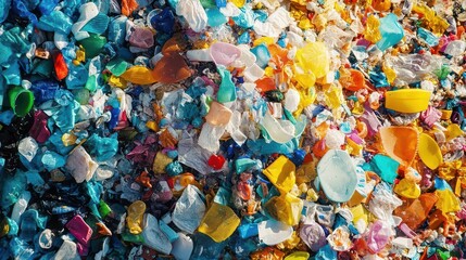 piles of colorful plastic waste collected on a beach, highlighting the environmental crisis and the urgent need for awareness and responsibility towards waste management