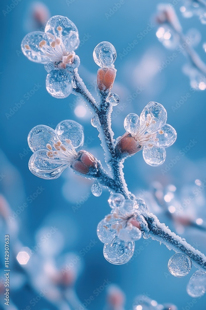 Poster A detailed view of an icy tree branch with intricate patterns and shapes