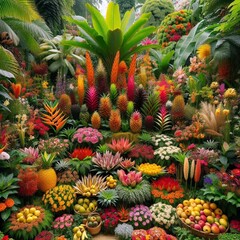 Fototapeta premium A lush tropical garden with a variety of colorful flowers, plants, and fruits arranged in a visually stunning display.