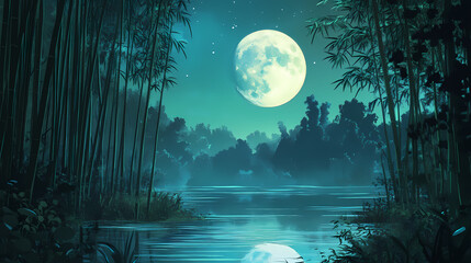 Moonlit serenity: bamboo forest's ethereal night landscape. Nocturne. Illustration