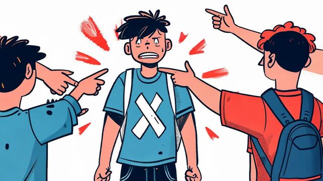 Sad schoolboy with backpack surrounded by pointing fingers illustrating school bullying and victim support.