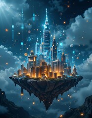 A floating city built from stacks of glowing coins and digital graphs, symbolizing wealth and innovation