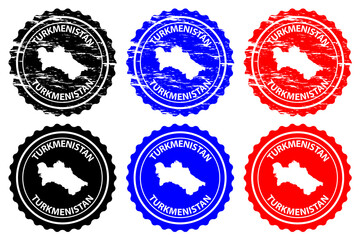 Turkmenistan - rubber stamp - vector, Turkmenia map pattern - sticker - black, blue and red