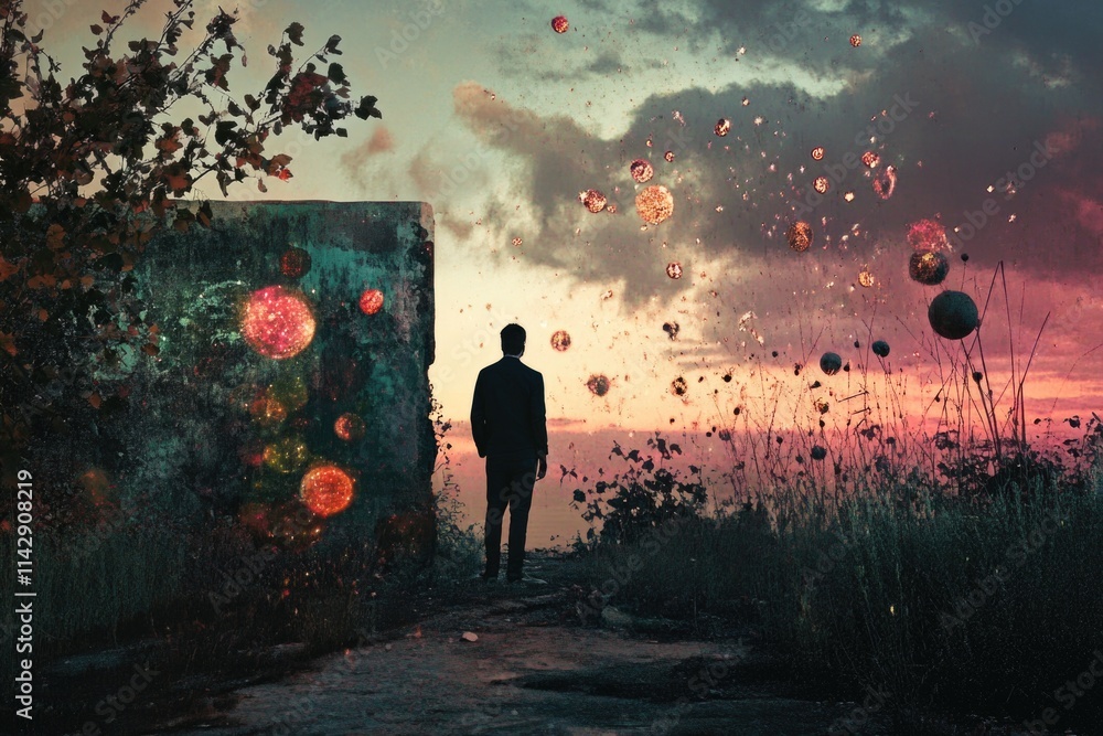 Poster a person standing outdoors with colorful balloons floating above, suitable for use as a background o