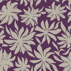 Seamless contrasting ink floral laconic light and dark silhouette hand drawn design with buds leaves inflorescences for fabric design, decor, ceramics, cards, flowers on burgundy background