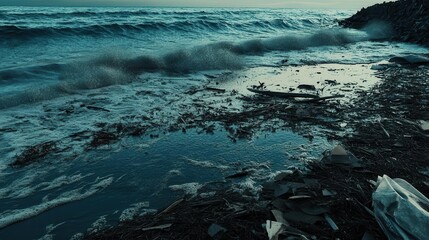 polluted sea landscape illustrating the impact of global pollution. dark waves and debris contrast with the serene blue water, highlighting environmental concerns with a somber tone
