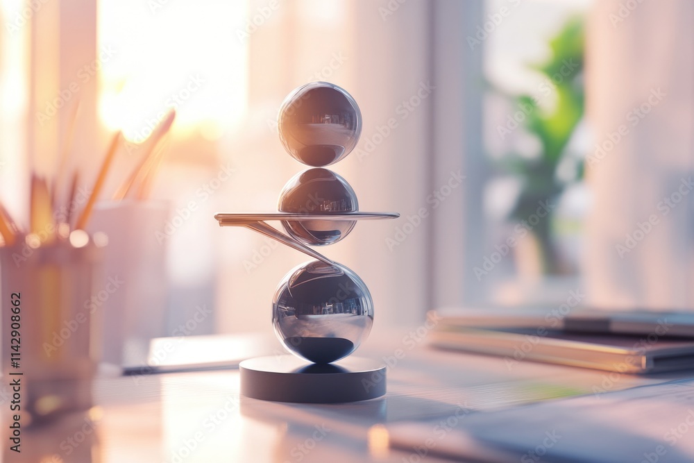 Poster a stack of three glass or metal spheres resting on a desk surface