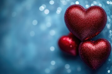 Obraz premium Two red hearts sit side by side on a blue background