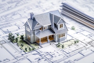 Architectural House Model on Blueprint
