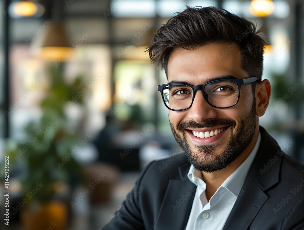 Poster person wearing glasses with a smiling expression, dressed in a suit, and standing in front of a blur