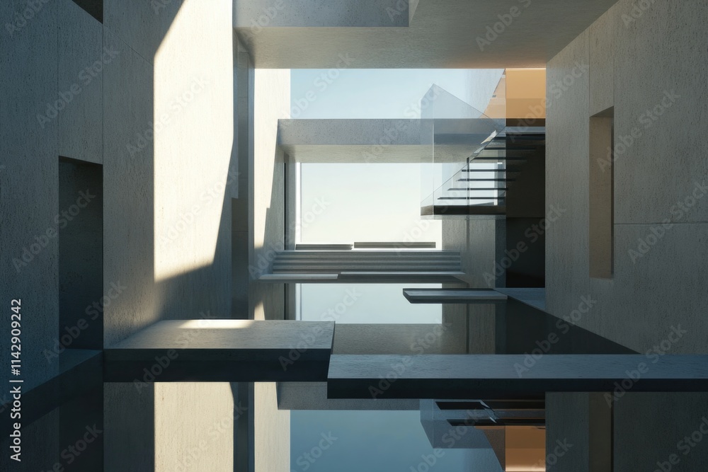 Poster reflection of a building's facade in a calm pool of water, great for use in architectural or design 