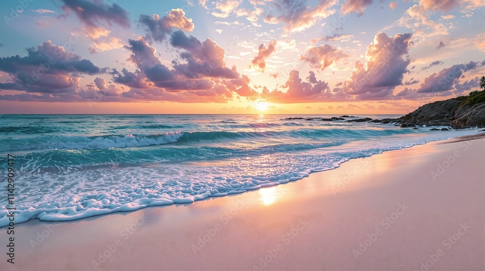 Poster serene beach scene during sunset, with the sun casting a warm, orange glow over the sky and reflecti