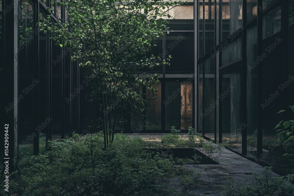 Poster a serene courtyard with a tree at its center, surrounded by walls and possibly a building