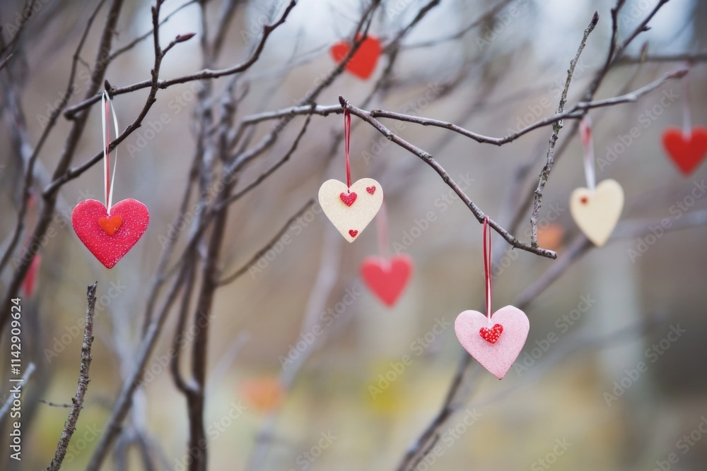 Poster a cluster of red and pink hearts dangling from a tree branch, symbolizing love and affection