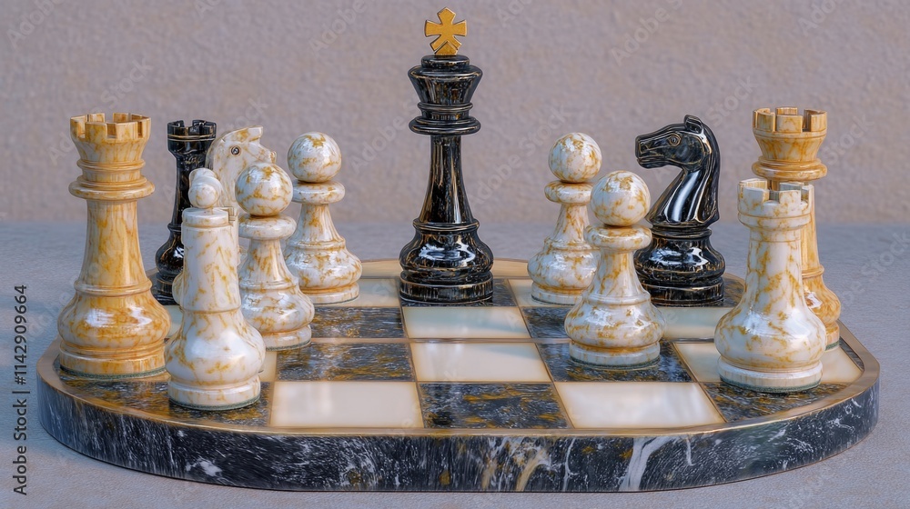 Poster a chess board with chess pieces arranged in various positions