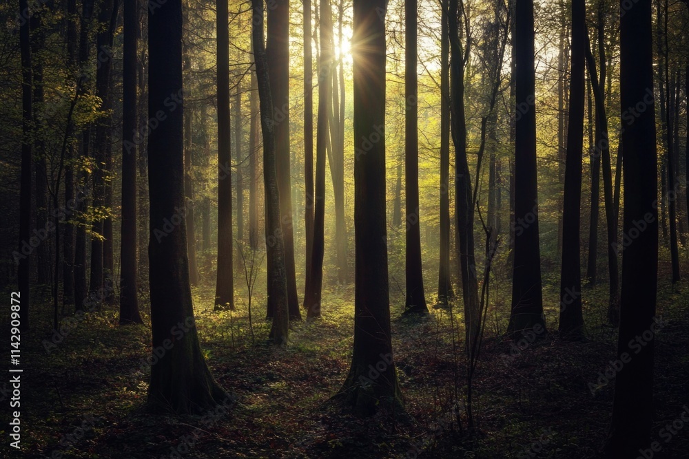 Poster bright sunlight shining down on a dense forest, highlighting the dappled light and shadow