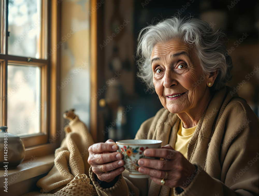 Poster elderly woman holding a cup in her hands and looking out a window. she is wearing a brown sweater an