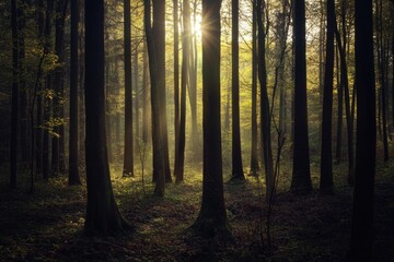Naklejka premium Bright sunlight shining down on a dense forest, highlighting the dappled light and shadow