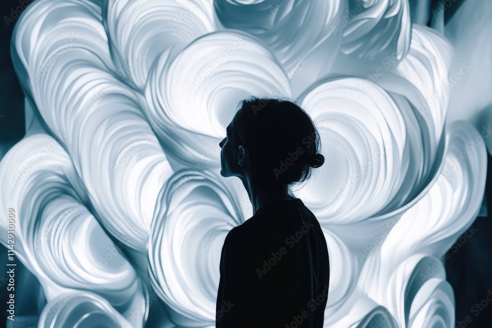 Poster a person stands in front of a textured wall featuring repeating circular patterns, perfect for use i