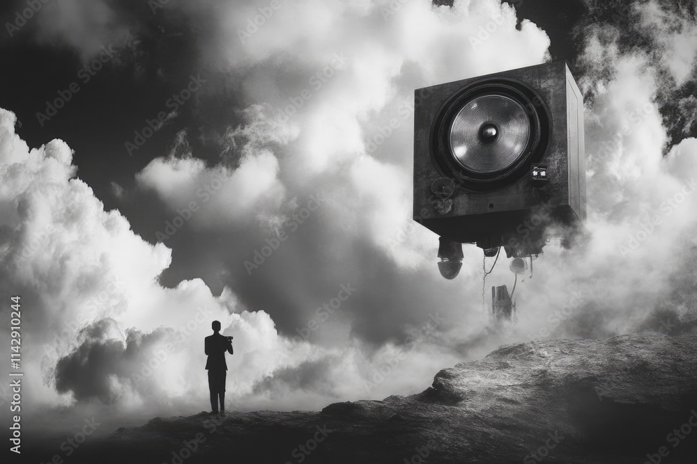 Poster a person stands in front of a massive loudspeaker, potentially at a concert or event