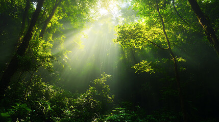 Obraz premium Sunbeams Through the Canopy: Mystical sunlight pierces through a dense forest canopy, casting ethereal beams of light on the lush greenery below. This captivating image evokes a sense of peace.