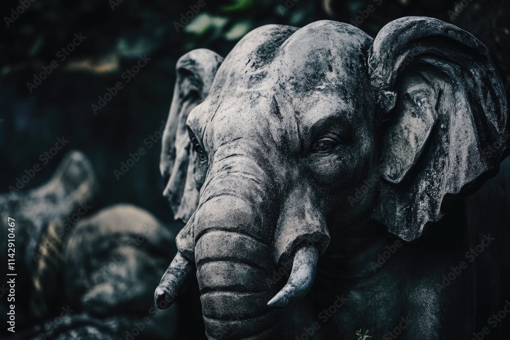 Poster a statue of an elephant with tusks on its head, perfect for decoration or as a symbol of good luck