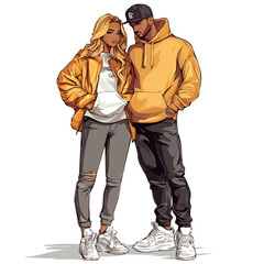 Stylish Couple in Streetwear Style – Urban Fashion Illustration
