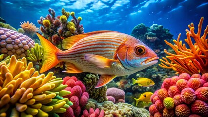 Obraz premium Snapper Fish Underwater Photography, Vibrant Reef Scene, Rule of Thirds Composition, Tropical Fish, Ocean Life, Coral, Underwater World, Marine Life