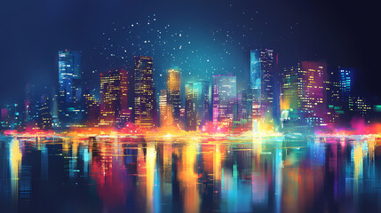 Fototapeta premium A painting of a city skyline with brightly lit office buildings and reflections, an abstract melting pot of myriad colors reflecting a futuristic urban sprawl, ai generated. Nocturne. Illustration