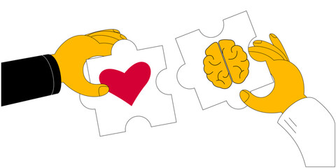 One hand with a puzzle piece with a heart, and the other with a brain. Vector illustration in cartoon style. The connection of heart and mind.
