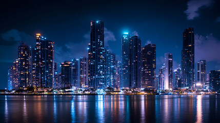 Naklejka premium A stunning city skyline illuminated at night, showcasing tall skyscrapers with glowing lights against a dark blue sky. Nocturne. Illustration