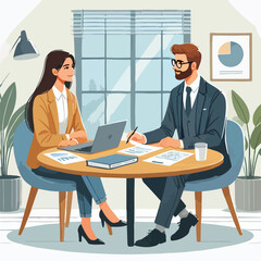 Partners meeting for business discussion with documents and laptop on desk. Couple at round table, speaking, discussing work, partnership. Flat vector on a white background