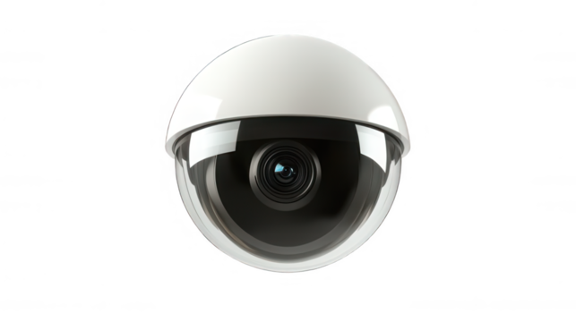A modern white dome surveillance camera with a sleek design, on white or transparent background.
