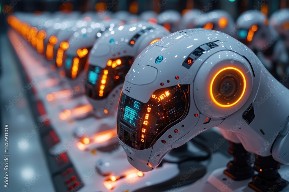 Poster a group of small robots sitting on a table, possibly used for demonstration or display