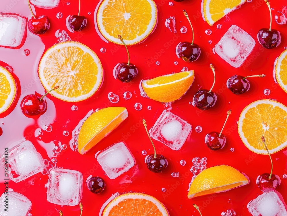 Poster colorful fruit slices and ice cubes float in a vibrant red liquid, creating a refreshing and visuall