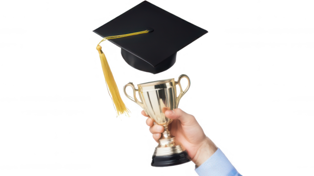 A hand holding a golden trophy topped with a black graduation cap on white or transparent background, represents academic success.