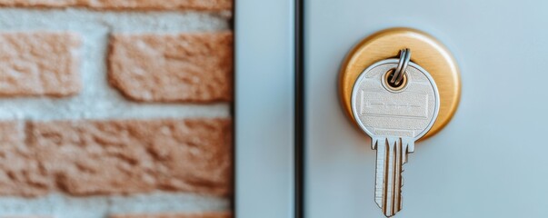 Focused shot of keys in a door lock with brick wall background security and real estate concept for new homeownership