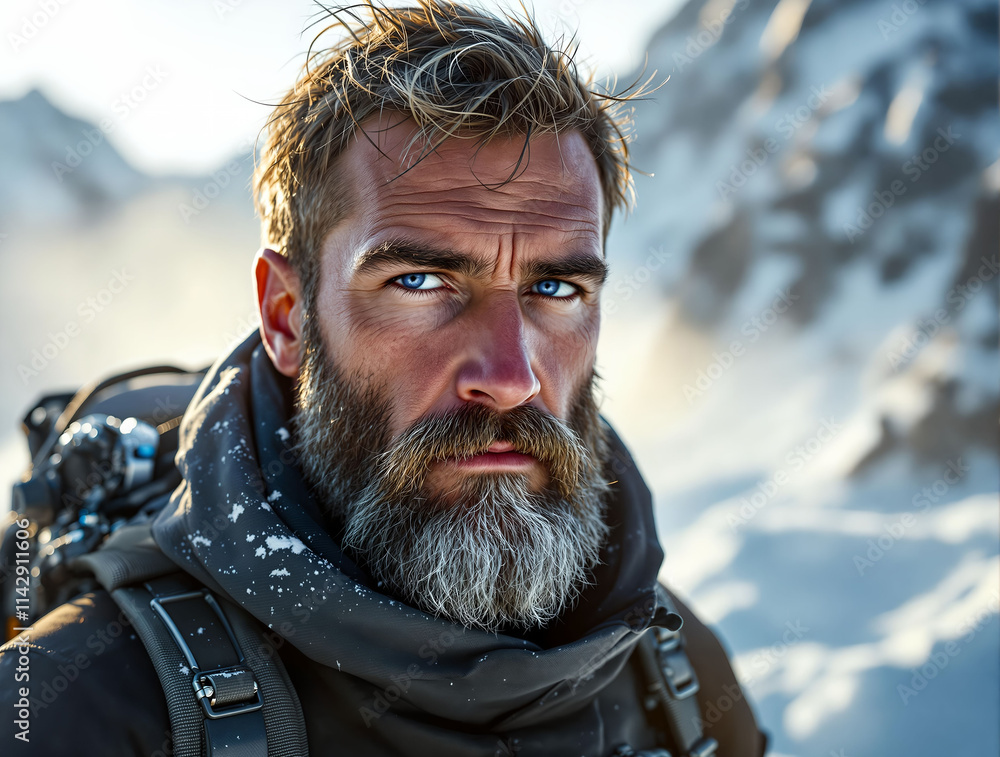 Poster the image shows a man with a beard wearing a jacket and a backpack, standing in a snowy mountainous 