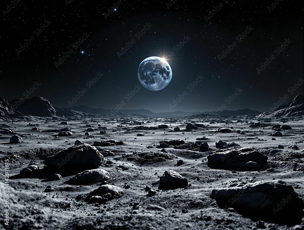 Poster astronaut standing on the surface of the moon, with the Earth visible in the sky above. The scene is illuminated by the moon's light, creating a dramatic and otherworldly atmosphere.