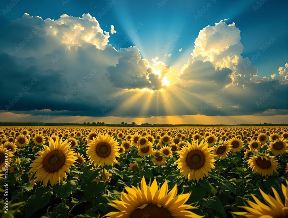 Poster the image depicts a sunflower field with a dramatic sky in the background, featuring clouds and rays