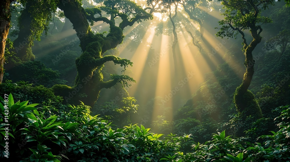 Poster forest scene with sunlight streaming through the canopy, casting a warm glow on the lush green foliage and creating a tranquil atmosphere. The forest is dense with trees and undergrowth, highlighting 