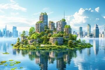 Naklejka premium Futuristic Eco-Friendly Cityscape Emerging from Serene Waters Under a Bright Blue Sky with Lush Greenery and Innovative Architectural Designs