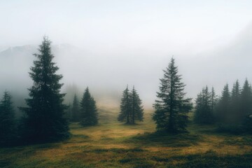 A foggy field with trees in the foreground, perfect for a mysterious or atmospheric scene